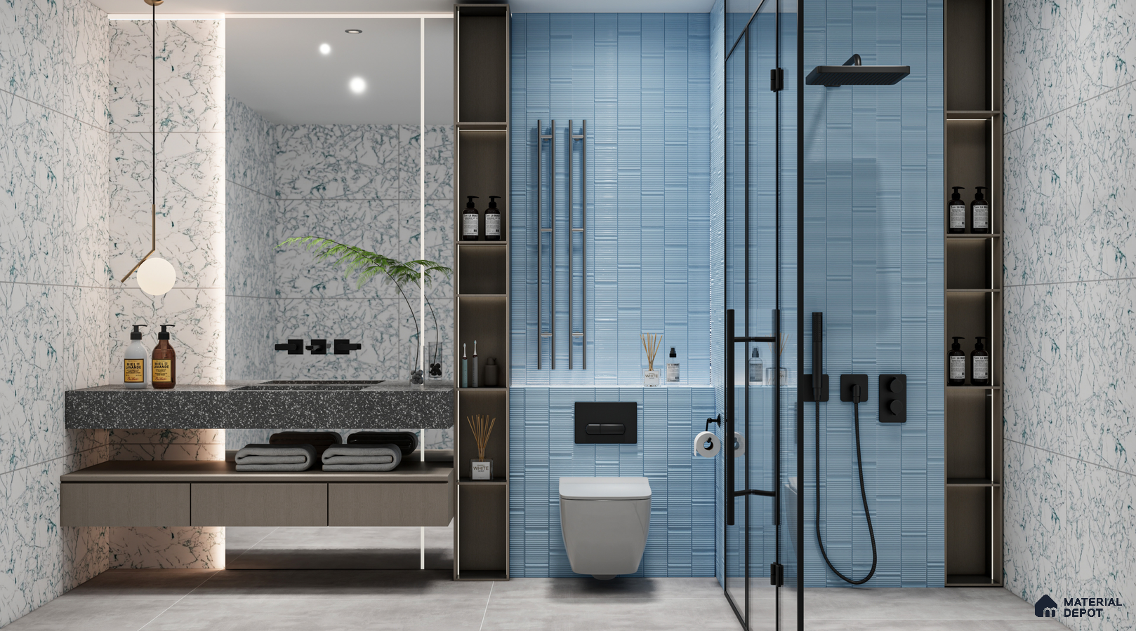 Modern Blue and White Bathroom with Sleek Vertical Tiles | Material Depot