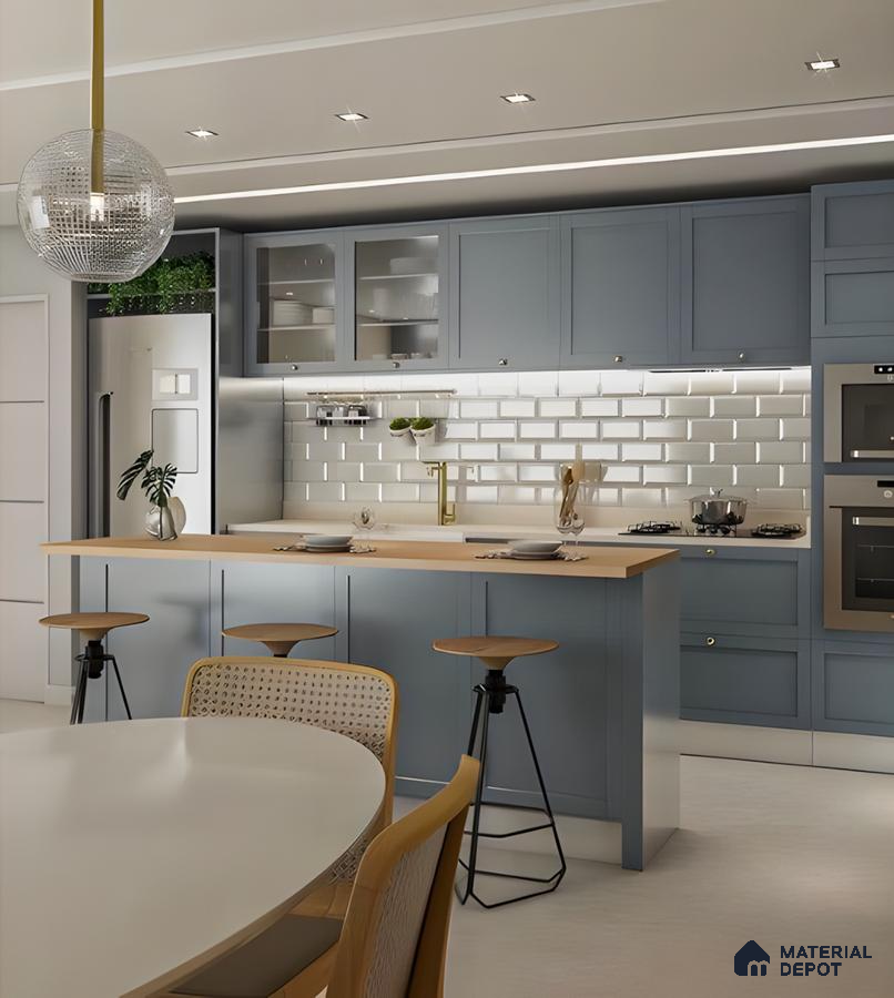 Modern Blue And Yellow Kitchen With Subway Tile Backsplash | Material Depot