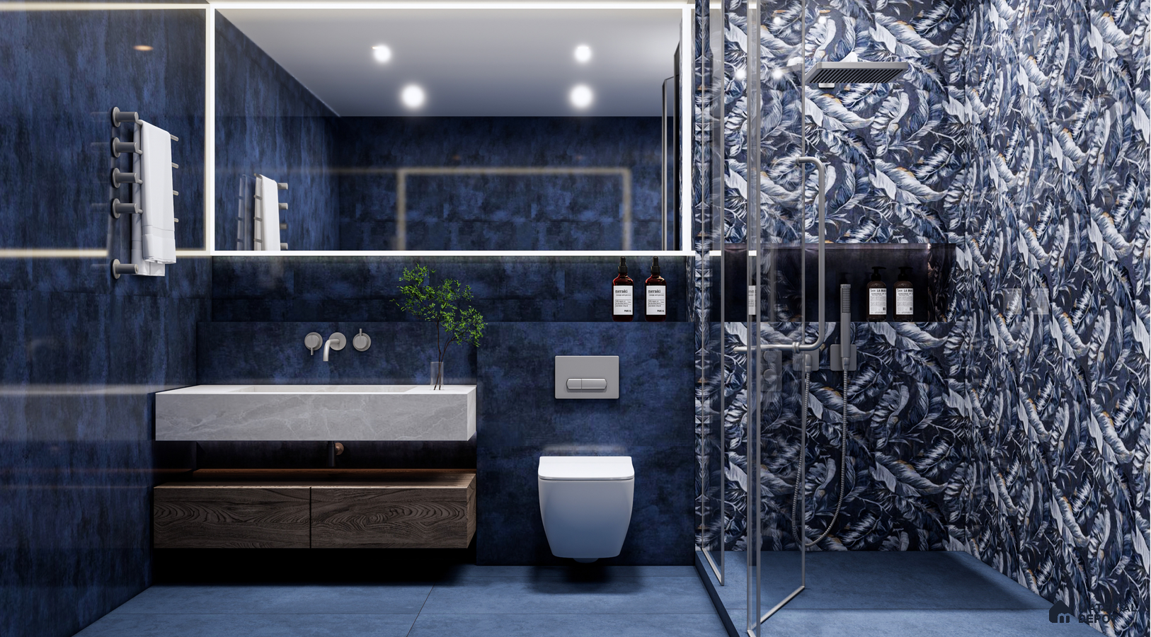 Modern Blue Bathroom with Textured Feather Design Tiles | Material Depot