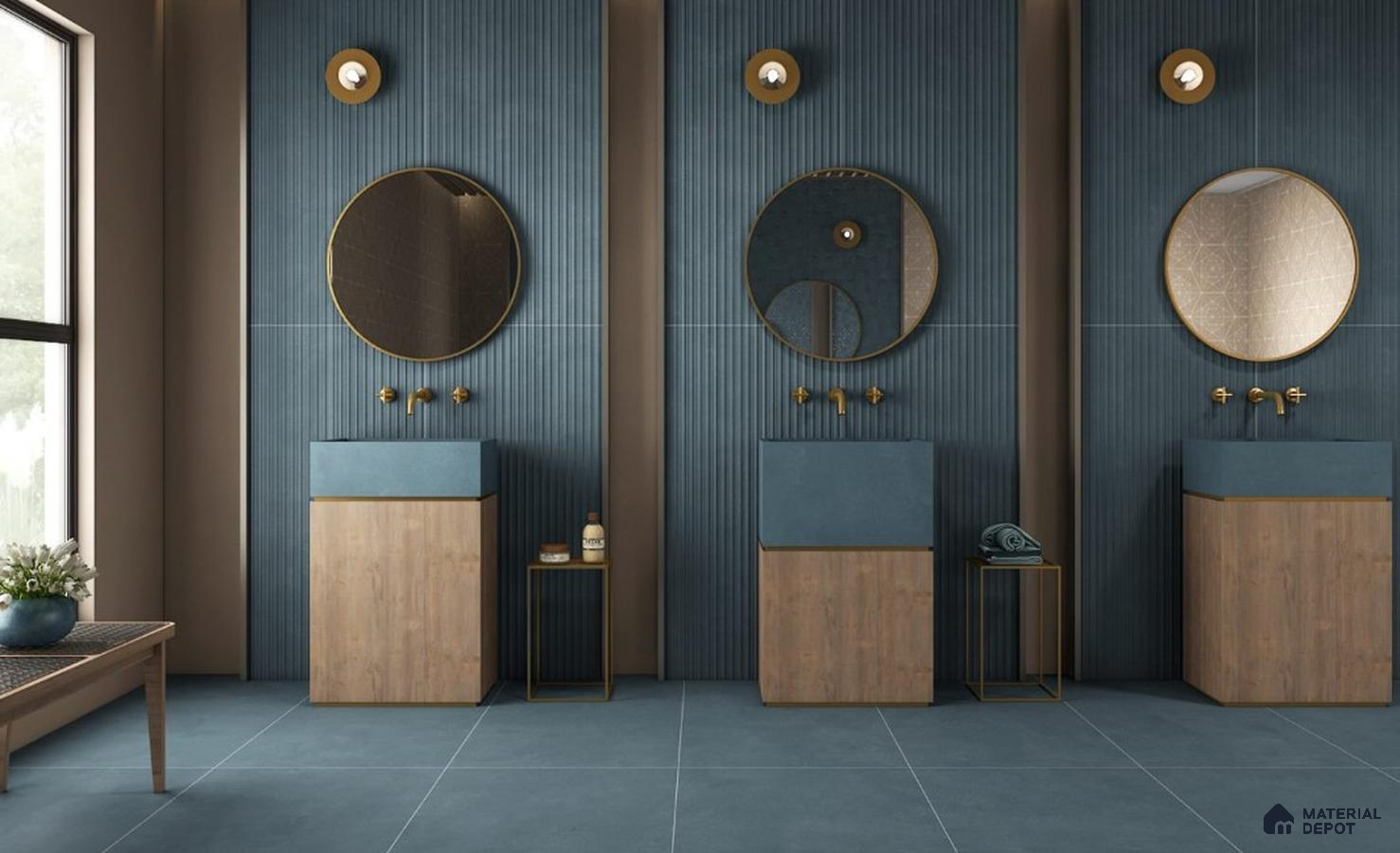 Modern Blue Fluted Wall Bathroom with Gold Accents and Wooden Vanity – Elegant & Contemporary | Material Depot