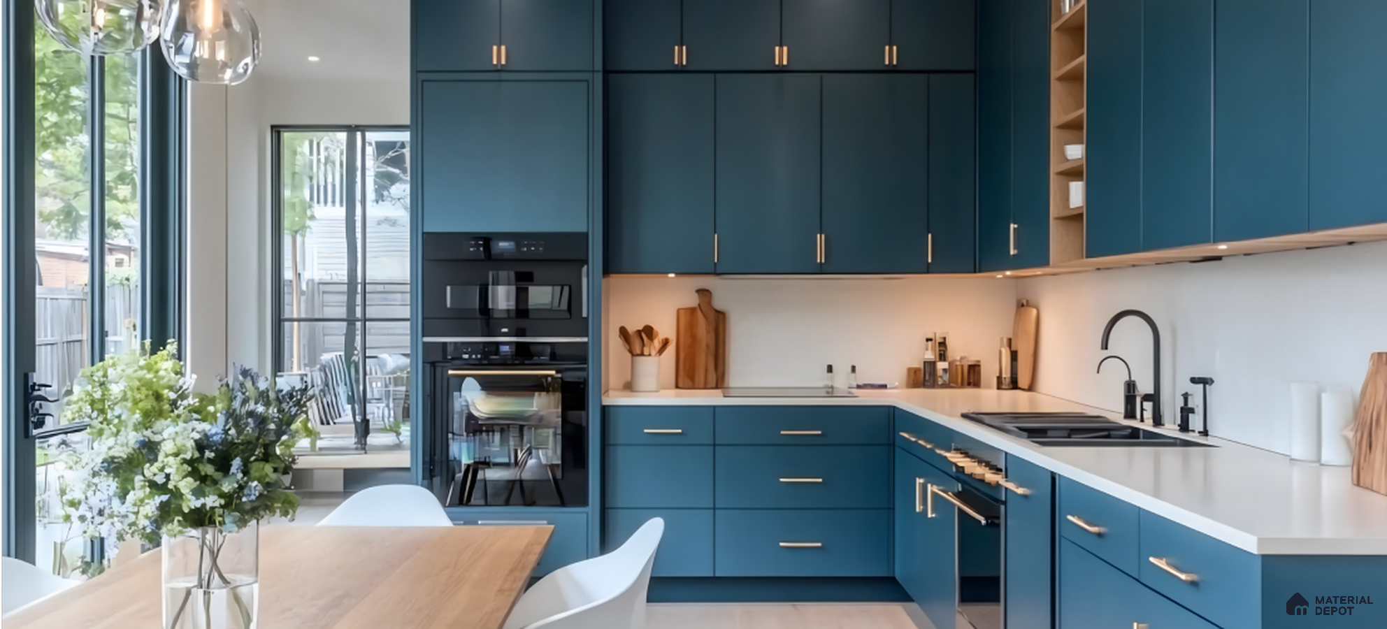 Modern Blue Kitchen with Gold Accents and Natural Light | Material Depot