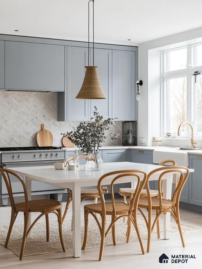 Modern Blue Kitchen with Rattan Chairs and Minimalist Decor for a Cozy Dining Experience | Material Depot