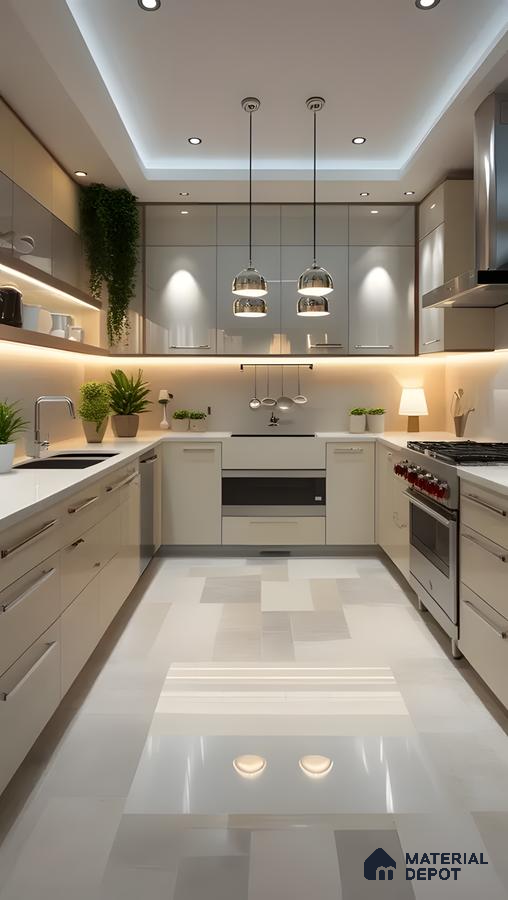 Modern Bohemian Kitchen With Cream Glossy Laminates, Quartz Counters & Biophilic Accents Under Ambient Lighting | Material Depot