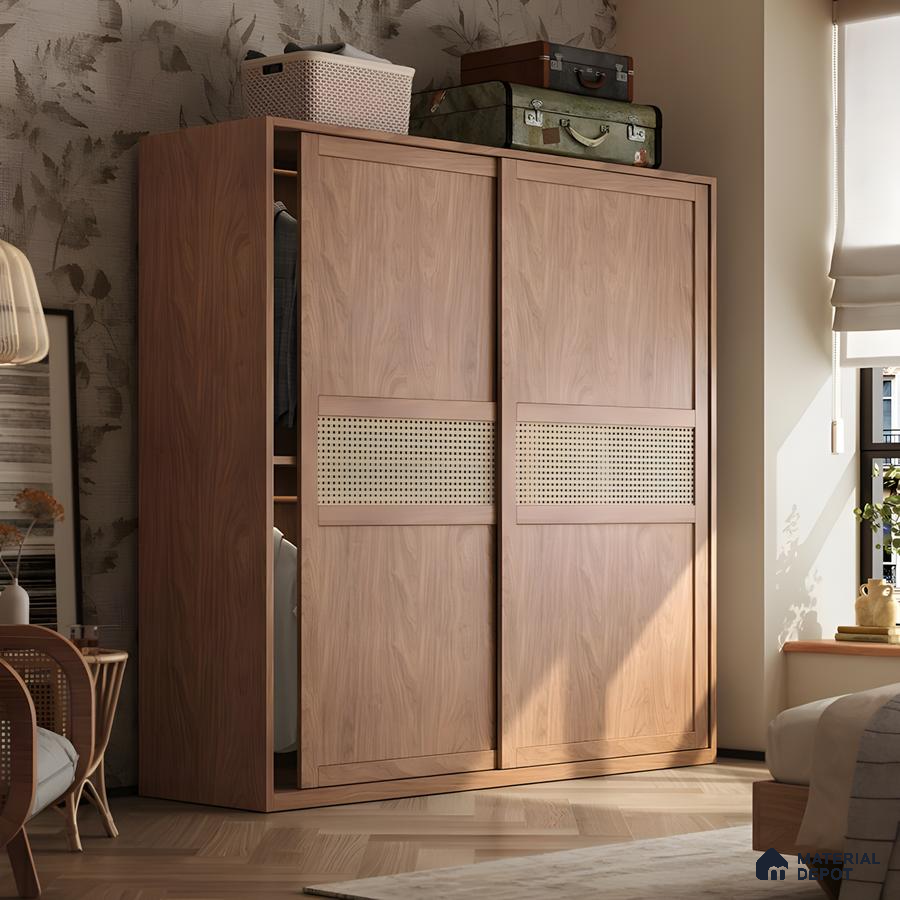 Modern Bohemian Wardrobe With Sliding Walnut Panels And Horizontal Rattan Cane Inlay | Material Depot