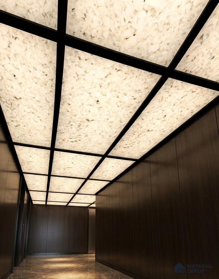 Modern ceiling with alabaster backlit ceiling, dark wood wall panels, and marble floor tile