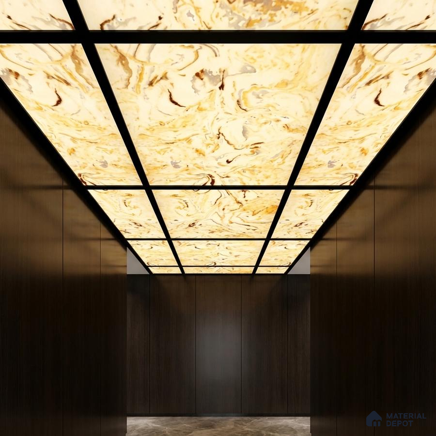 Modern ceiling with backlit alabaster ceiling and dark wood wall panels