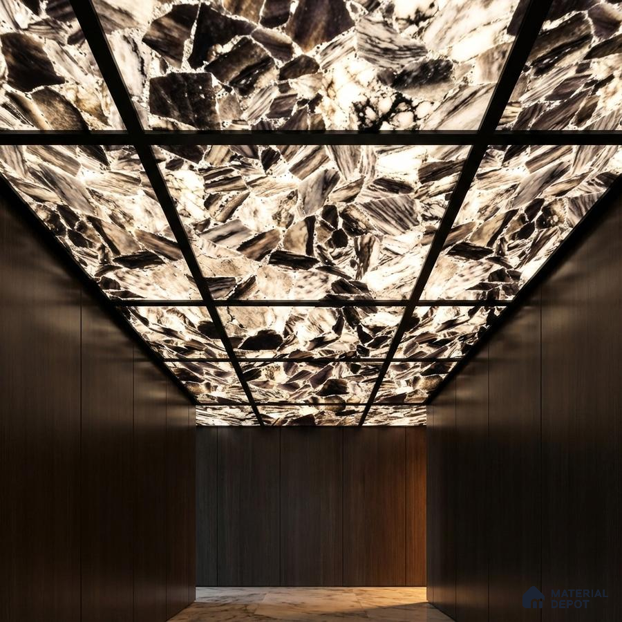 Modern ceiling with backlit alabaster ceiling and dark wood wall panels