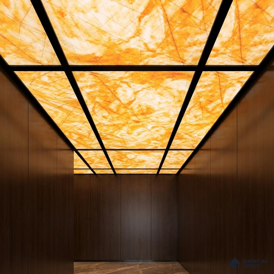 Modern ceiling with backlit alabaster ceiling and walnut brown wood laminate wall panels