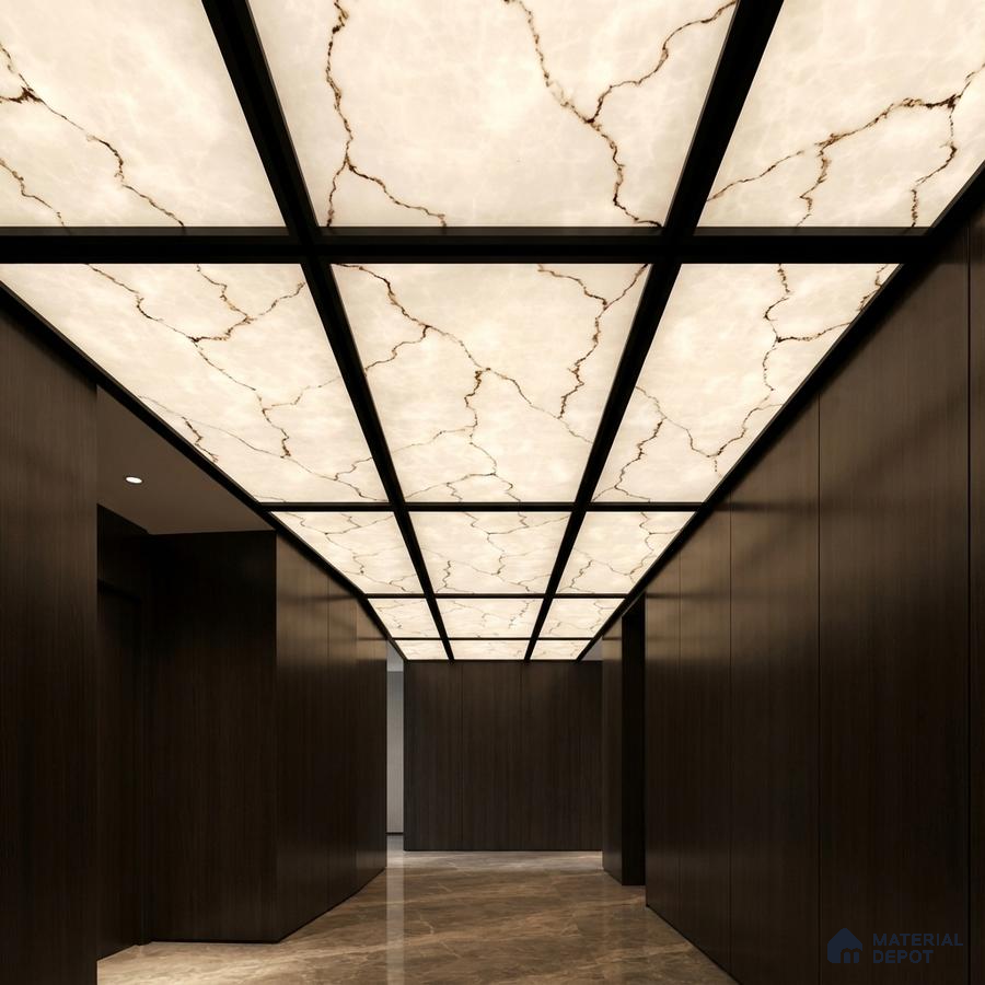 Modern ceiling with backlit alabaster ceiling, dark wood wall panels, and marble floor tiles