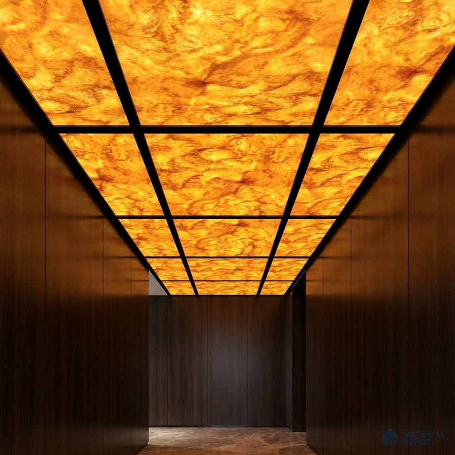 Modern ceiling with backlit alabaster ceiling panels and dark walnut wall laminates