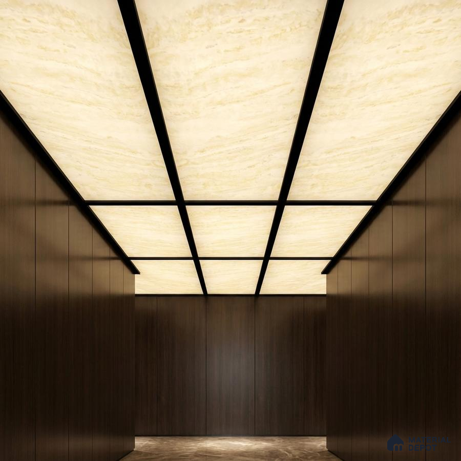 Modern ceiling with backlit alabaster ceiling panels and dark walnut wall panels
