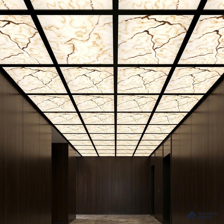 Modern ceiling with backlit alabaster ceiling panels and dark walnut wall panels
