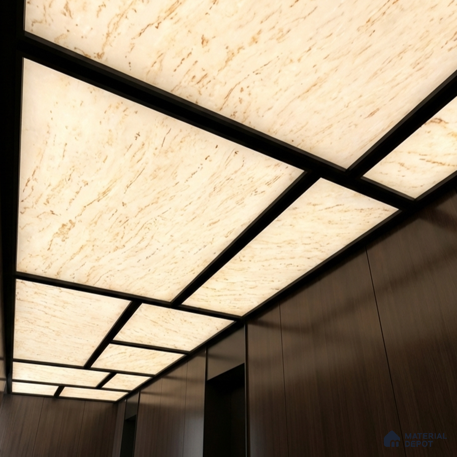 Modern ceiling with backlit alabaster ceiling panels and dark walnut wood wall laminate
