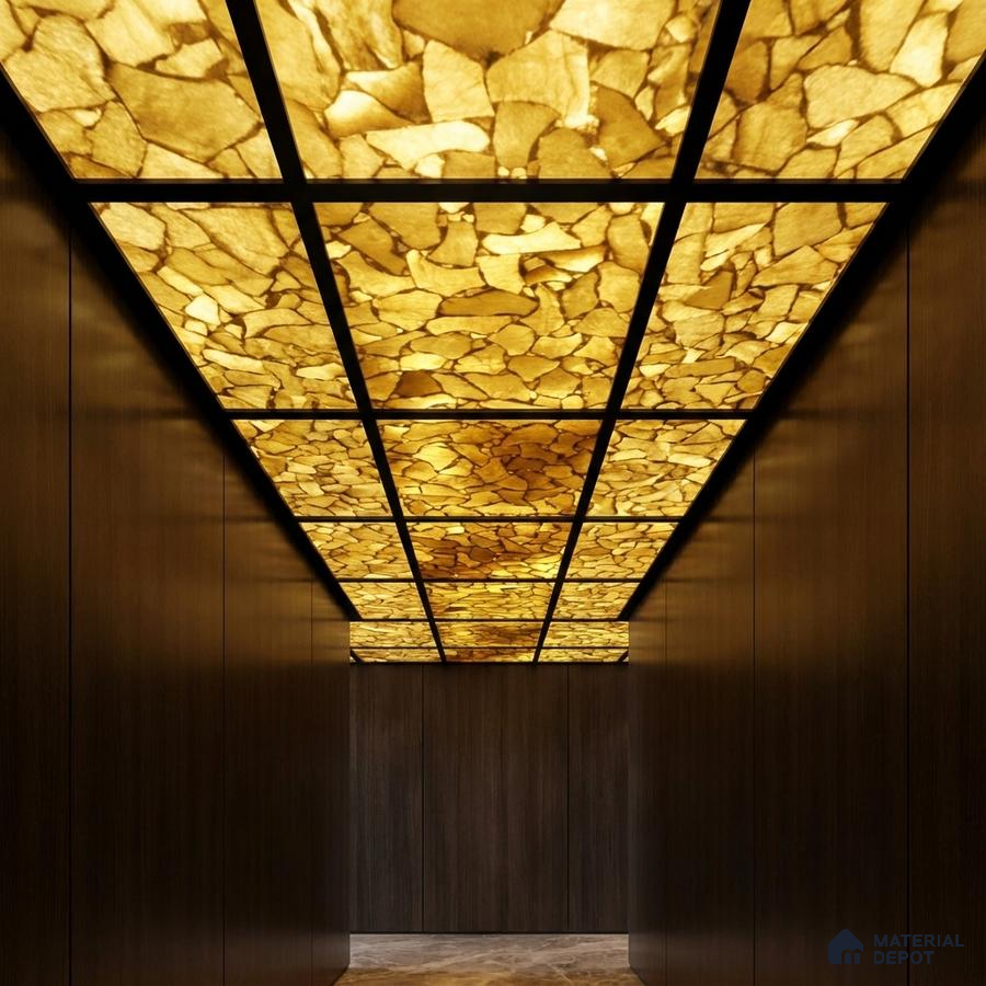 Modern ceiling with backlit alabaster ceiling panels and dark wood laminate walls