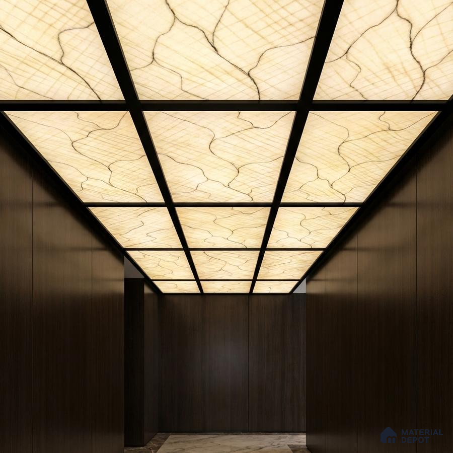 Modern ceiling with backlit alabaster ceiling panels and dark wood wall cladding