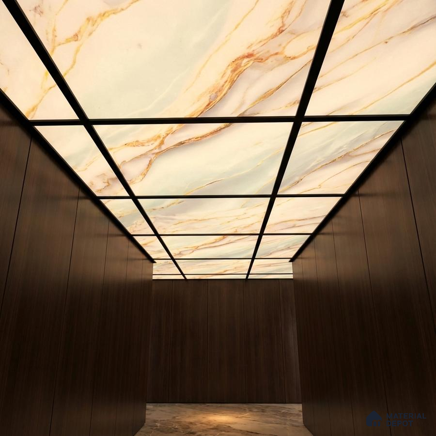 Modern ceiling with backlit alabaster ceiling panels and walnut brown wood laminate walls
