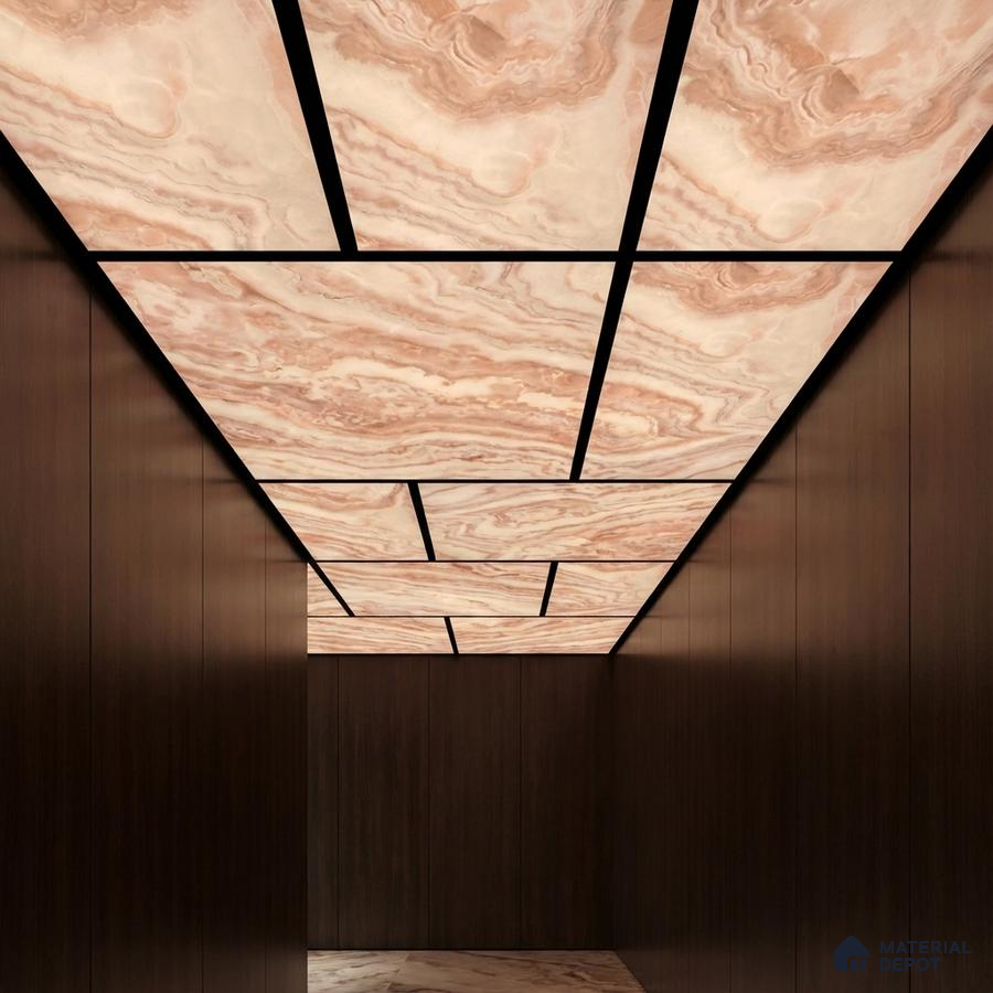 Modern ceiling with backlit alabaster ceiling panels and walnut brown wood laminate walls
