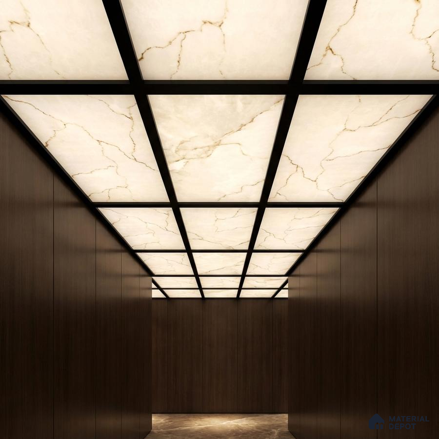 Modern ceiling with backlit alabaster ceiling panels and walnut brown wood laminate walls
