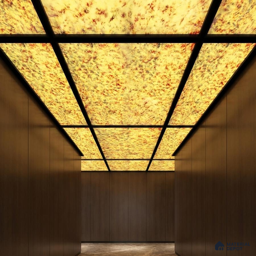 Modern ceiling with backlit alabaster ceiling panels and walnut brown wood wall cladding