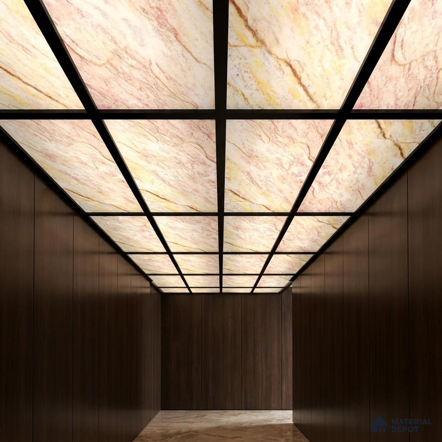 Modern ceiling with backlit alabaster ceiling panels and walnut brown wood wall panels