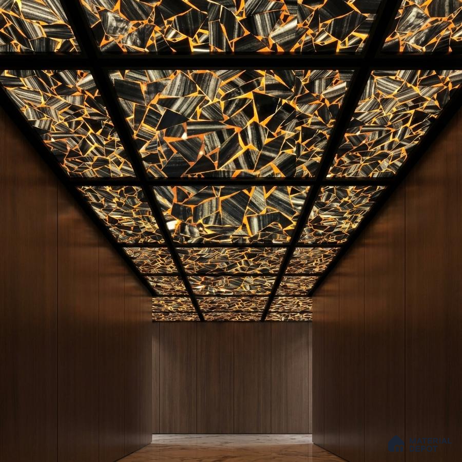 Modern ceiling with backlit alabaster ceiling panels and walnut wood wall cladding