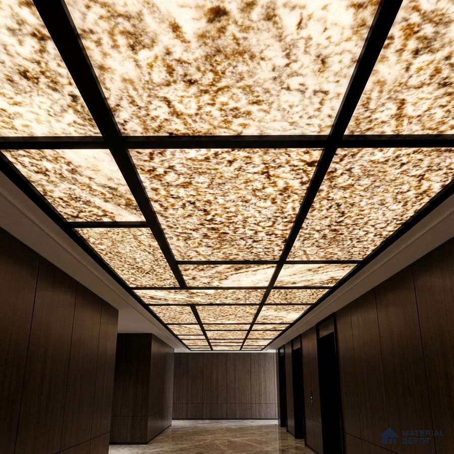 Modern ceiling with backlit alabaster ceiling panels and walnut wood wall cladding