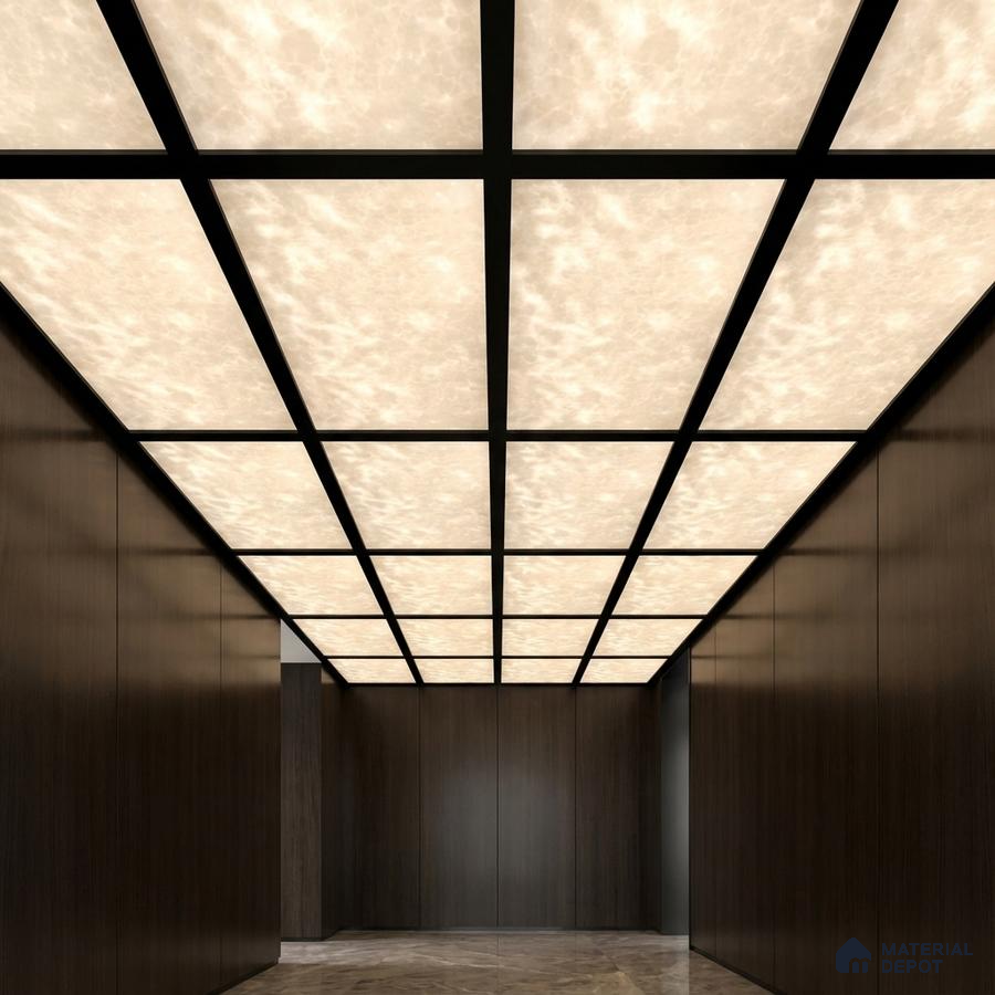 Modern ceiling with backlit alabaster ceiling panels, dark wood laminate walls, and marble floor