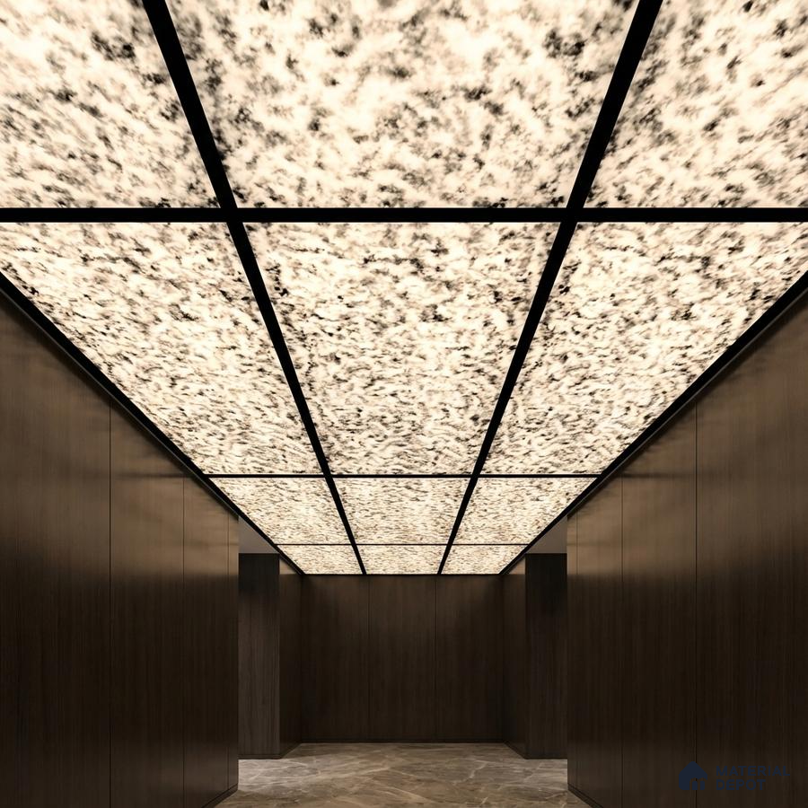 Modern ceiling with backlit alabaster ceiling panels, dark wood wall panels, and marble floor tiles