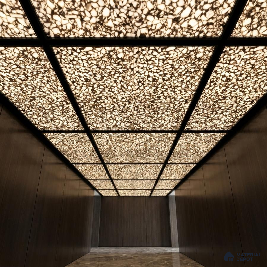 Modern ceiling with backlit alabaster ceiling panels, dark wood wall panels, and marble flooring