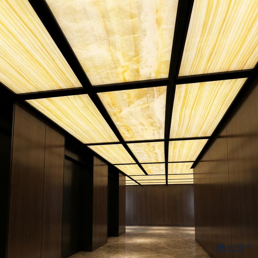 Modern ceiling with backlit alabaster ceiling panels, walnut wood wall panels, and marble floor tiles