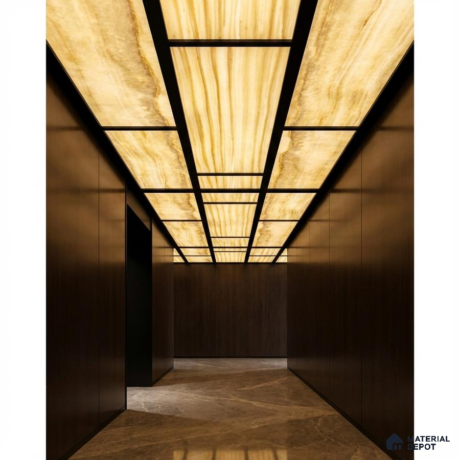 Modern ceiling with backlit alabaster ceiling, walnut brown wall panels, and marble floor tiles