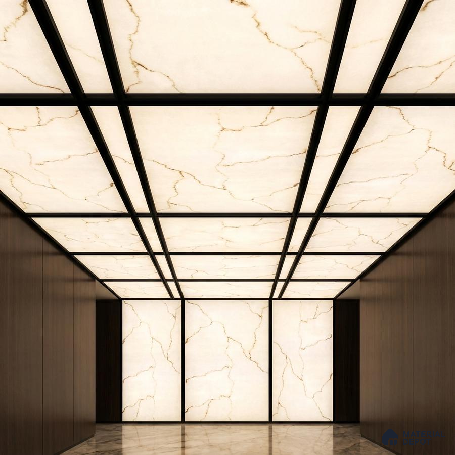Modern ceiling with backlit alabaster panels, marble flooring, and dark wood wall cladding