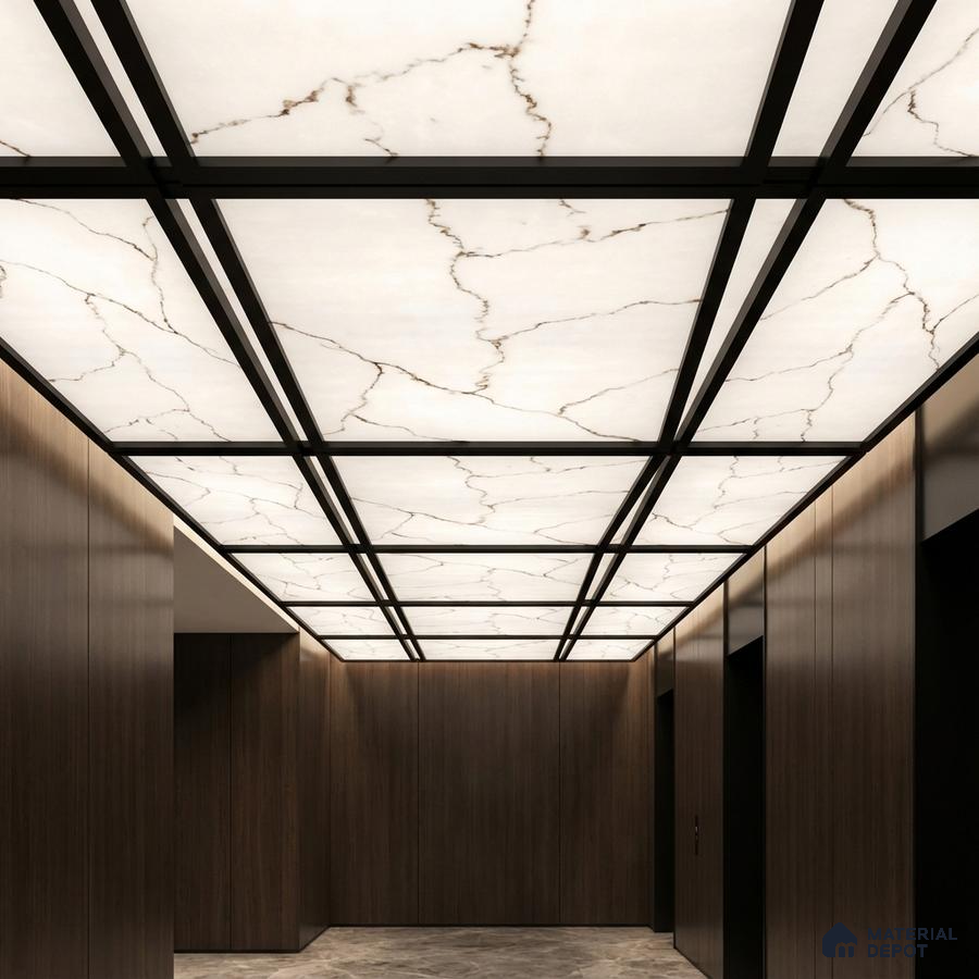 Modern ceiling with backlit marble-look ceiling panels and walnut wood wall cladding