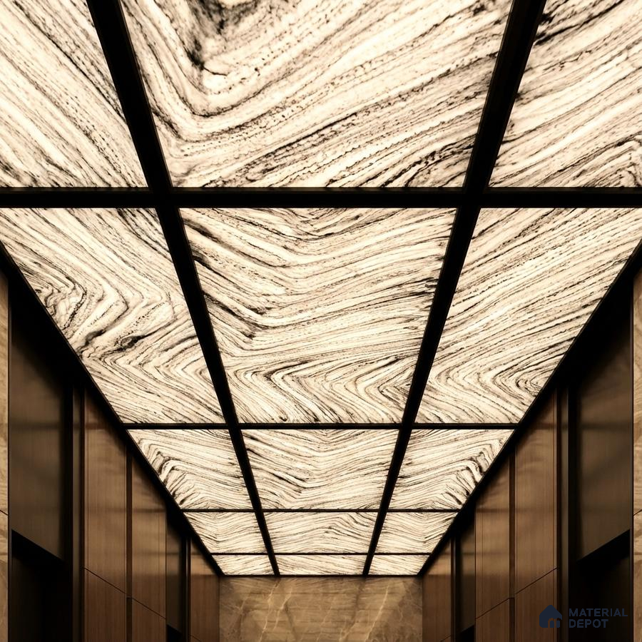 Modern ceiling with backlit marble-look ceiling panels and wood wall cladding