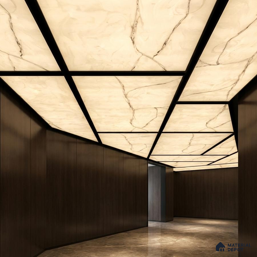 Modern ceiling with backlit marble-look ceiling panels, dark wood wall panels, and polished marble flooring