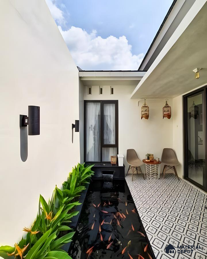 Modern Courtyard with Koi Pond and Patterned Tiles | Material Depot