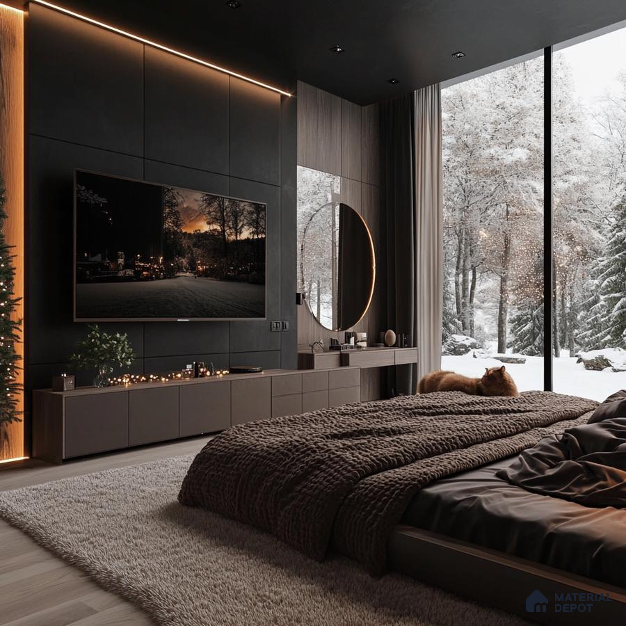Modern Dark Bedroom Design with Panel Wall and Ambient Lighting Provident Botanico Whitefield | Material Depot