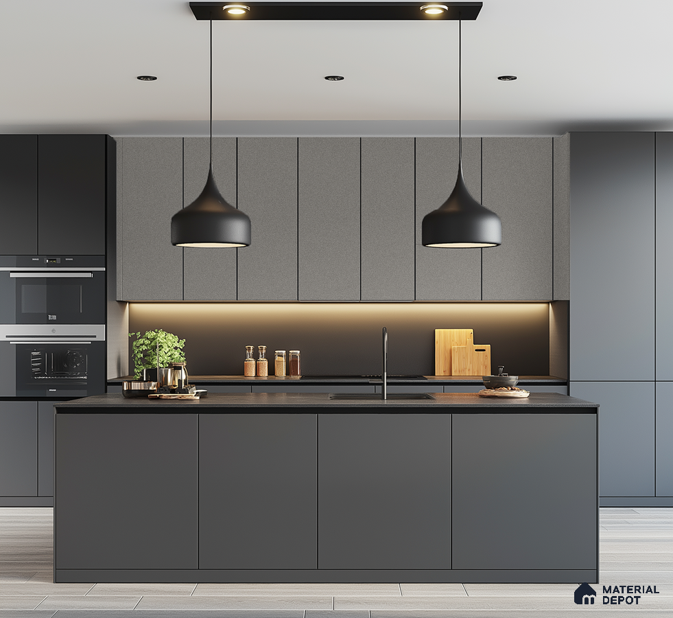 Modern Dark Grey Laminate Kitchen with Sleek Minimalist Design | Material Depot