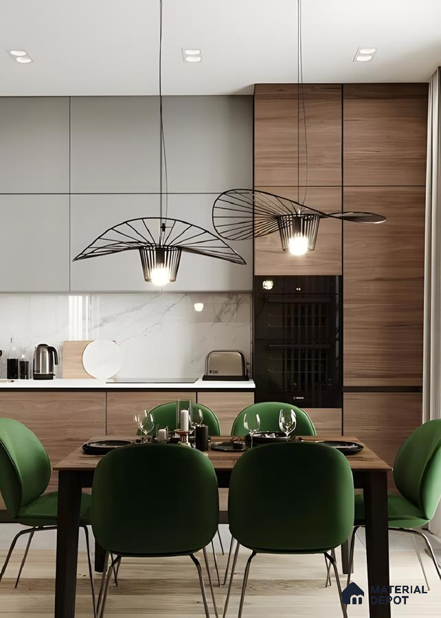 Modern Dining And Kitchen Space With Green Chairs And Sculptural Lighting | Material Depot