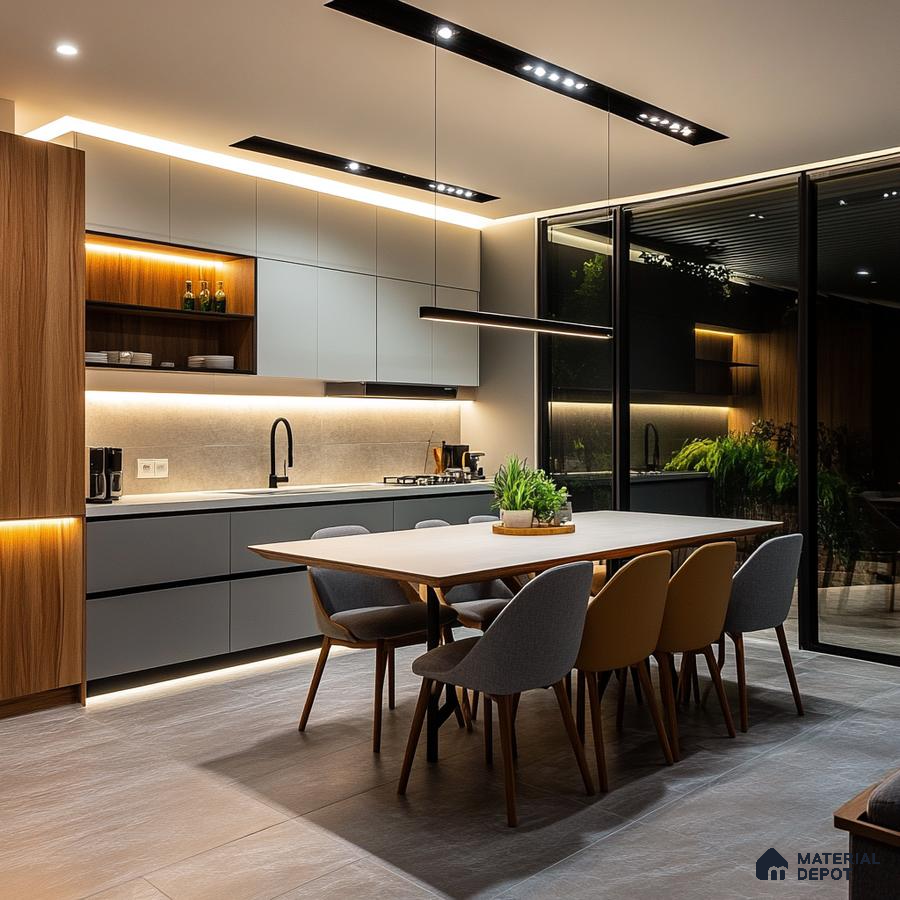 Modern Dining Integrated Kitchen with Elegant Wood Accents and Ambient Lighting | Material Depot