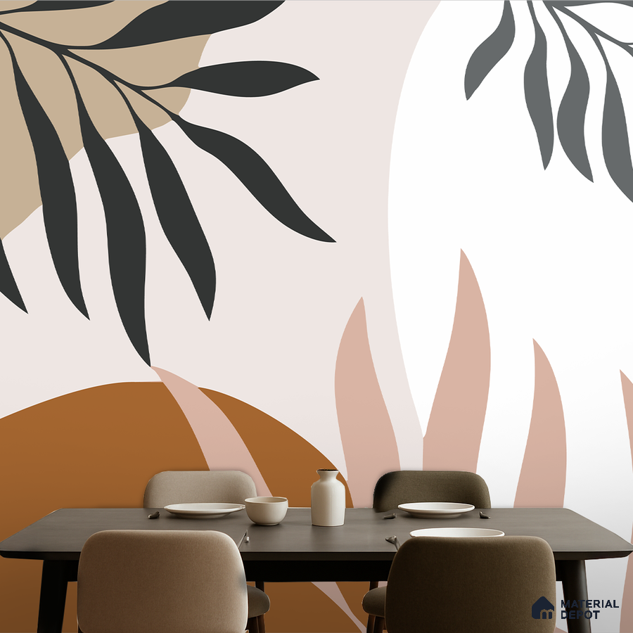 Modern dining room with abstract botanical patterned wallpaper and matte brown dining table in Bengaluru