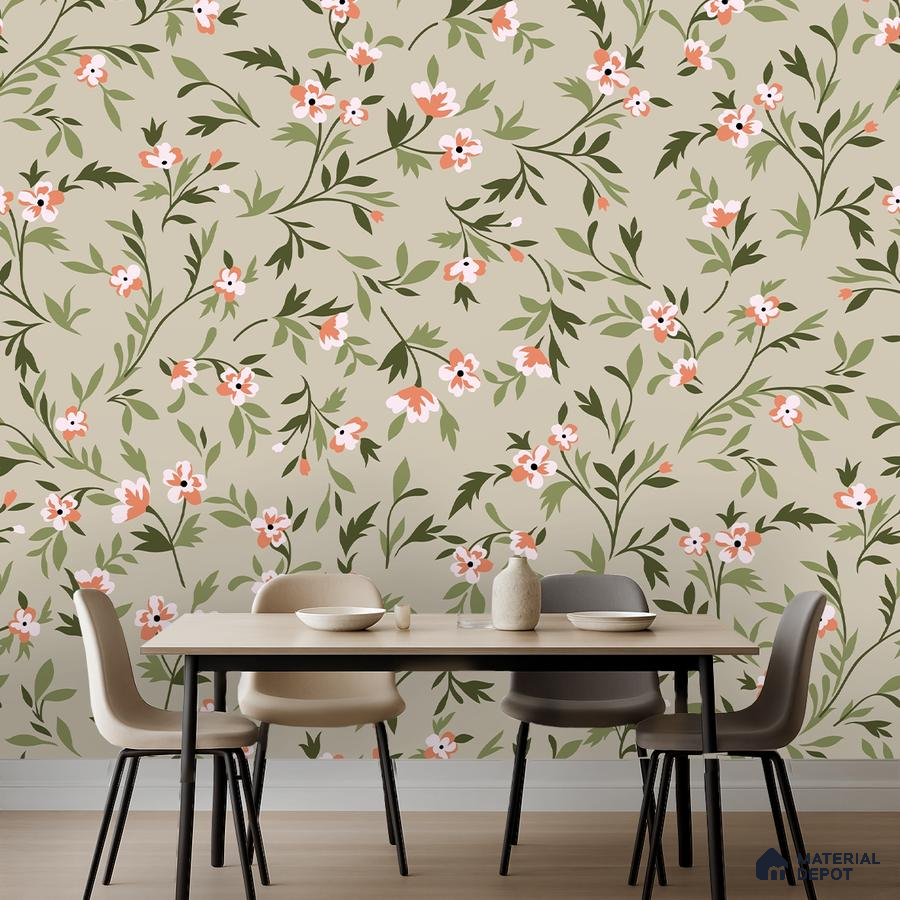 Modern dining room with beige floral wallpaper and light wood dining table in Bengaluru
