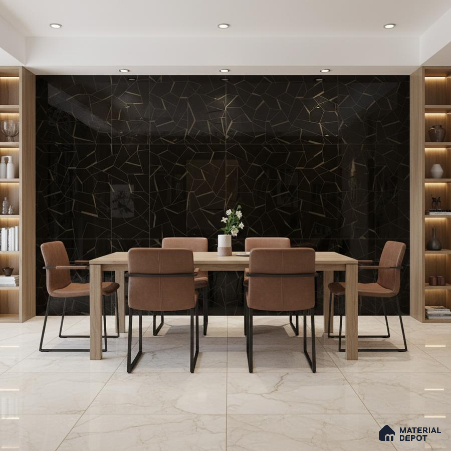 Modern dining room with black geometric high gloss wall tiles and white marble floor tiles