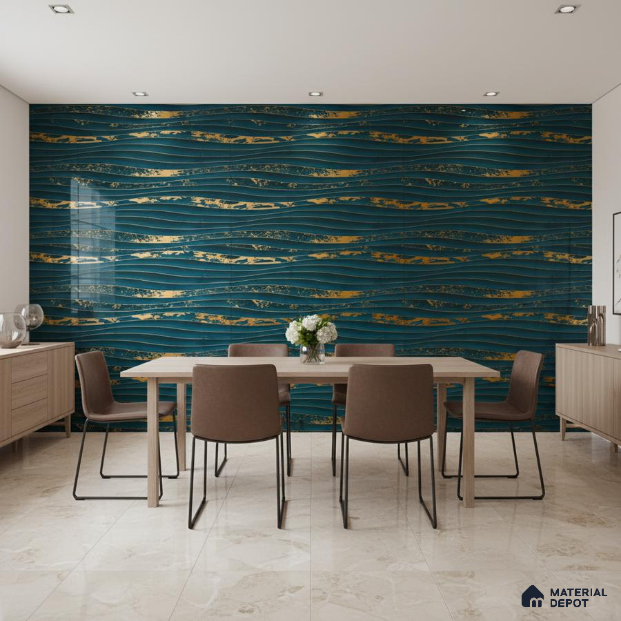 Modern dining room with blue and gold abstract wallpaper and beige marble floor tiles
