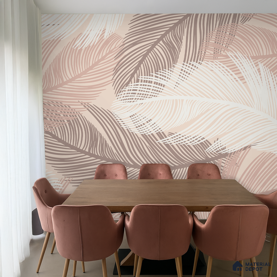 Modern dining room with blush pink patterned wallpaper and wooden dining table in Bengaluru