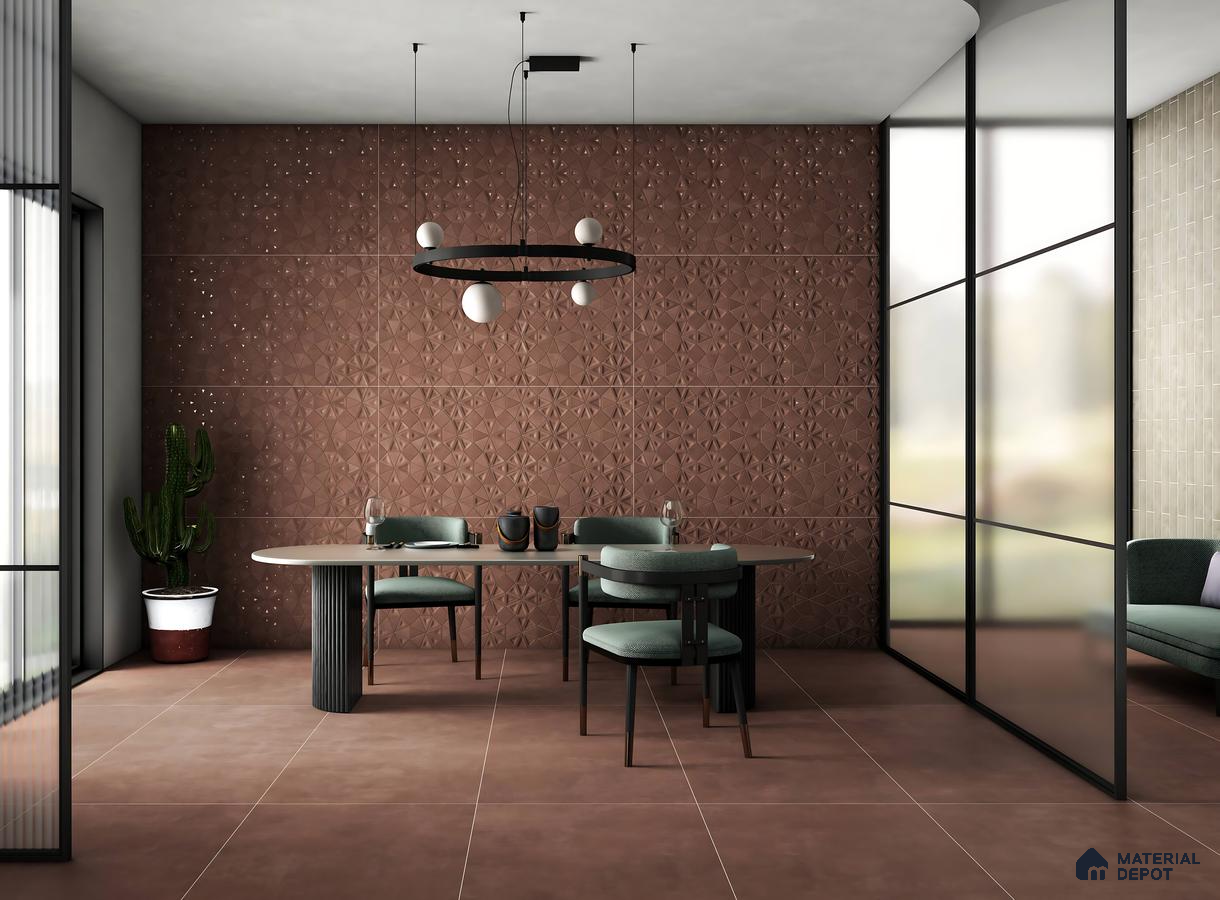 Modern Dining Room with Brown 3D Geometric Accent Wall and Earthy Matte Floor Tiles – Stylish & Cozy | Material Depot