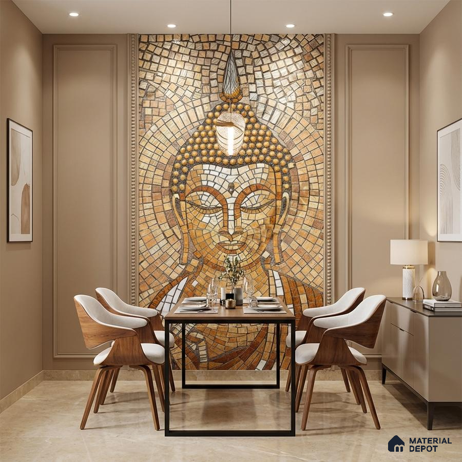 Modern dining room with Buddha mosaic poster wall tile and beige marble floor