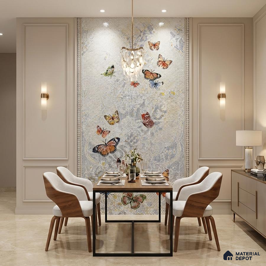 Modern dining room with butterfly mosaic accent wall and beige marble floor tile
