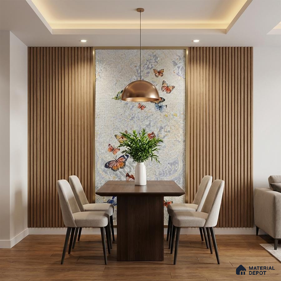 Modern dining room with butterfly patterned wallpaper, wood slat wall panels, and wooden flooring