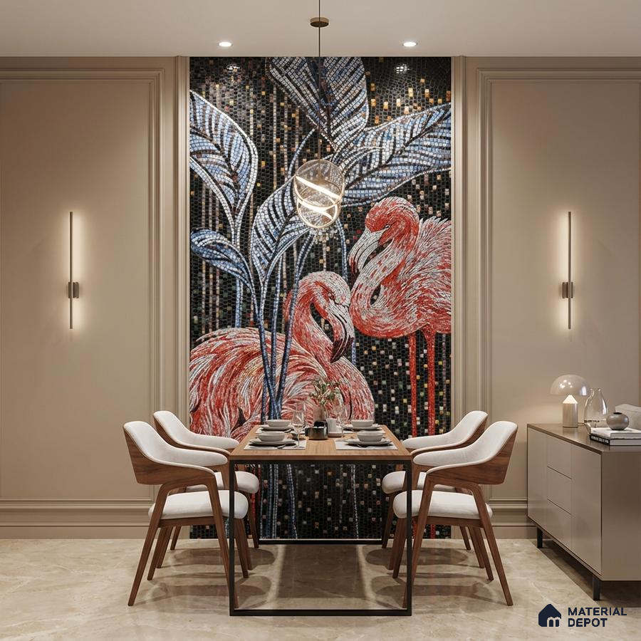 Modern dining room with flamingo mosaic highlighter wall tile and beige marble floor
